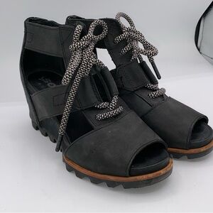 Sorel Joanie Lace Black Leather Caged Lug. Casual Wedge Sandals Sz 6.5  AA16